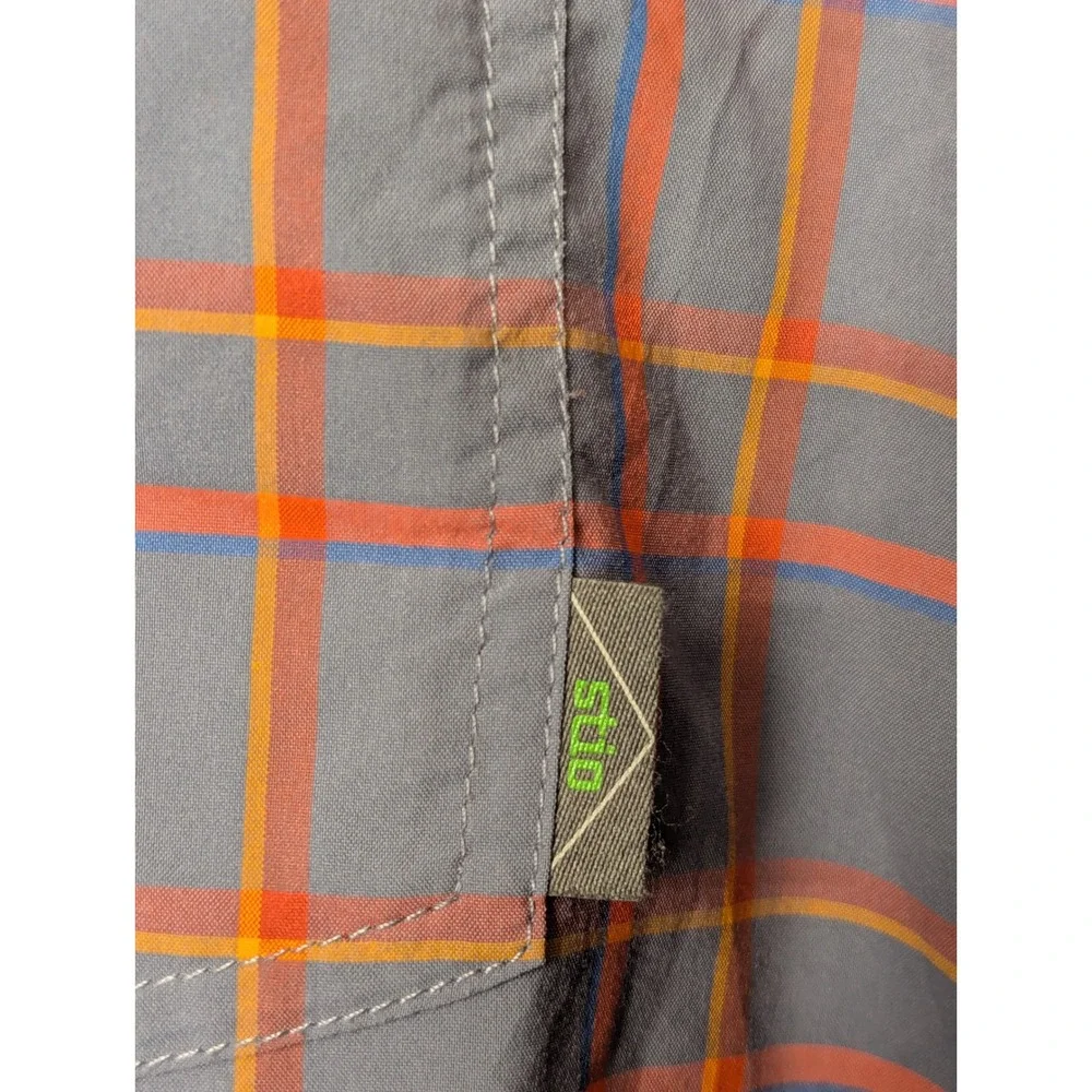 Stio Pearl Snap Shirt Mens Large Blue Orange Plaid Short Sleeve Hiking #2338